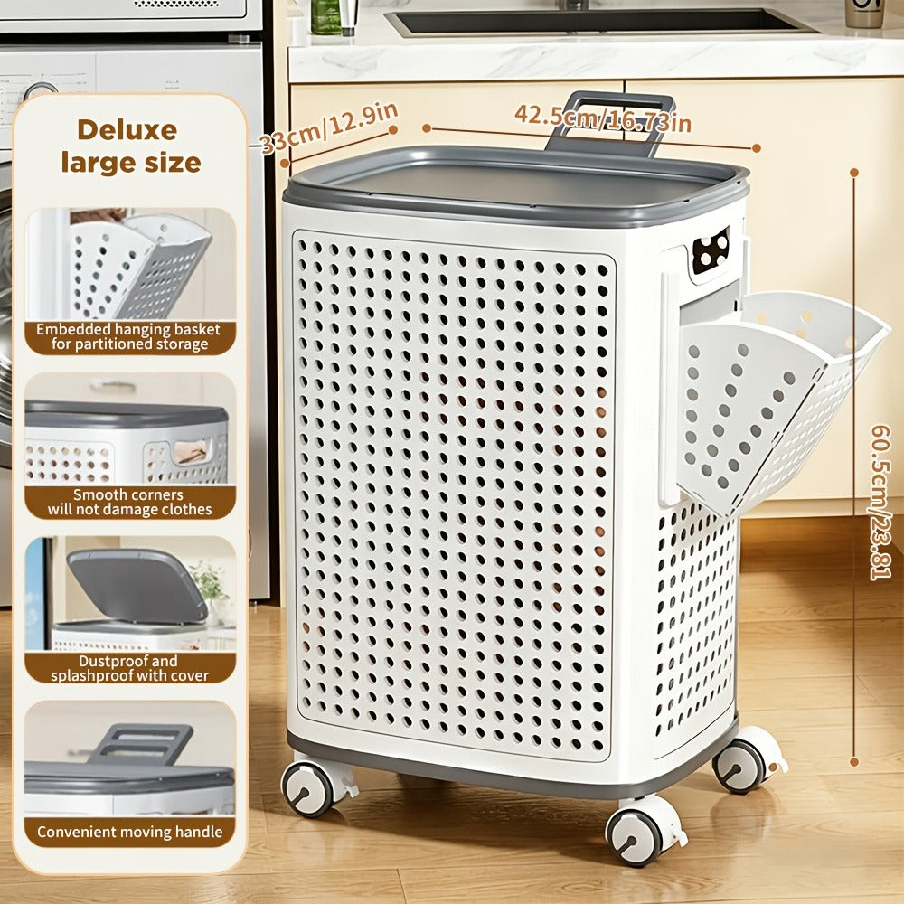 Wheeled Laundry Hamper Large Foldable with Dividers & Dust-Proof Lid ¨C 360¡ã Breathable Mesh Basket on Wheels, Reinforced Steel Base, Portable Clothes Organizer for Bedroom, Bathroom & Dorm
