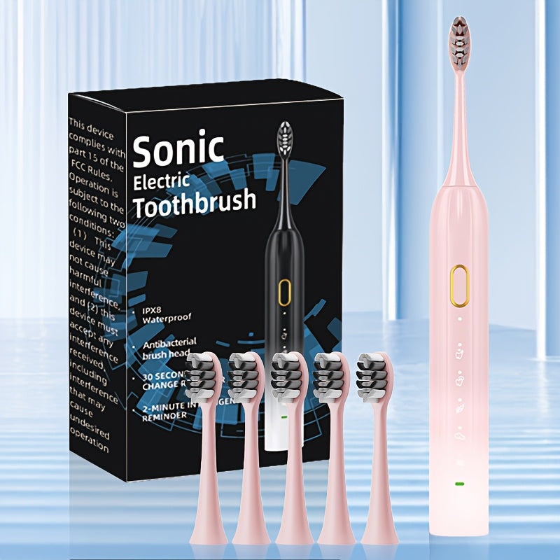 Sonic Electric Toothbrush IPX8 Waterproof USB Rechargeable with 5 Replacement Brush Heads, Smart Timer, Metal Shaft, Couple Design for Adults Men & Women ¡ª Black, Green Pink, Pink White
