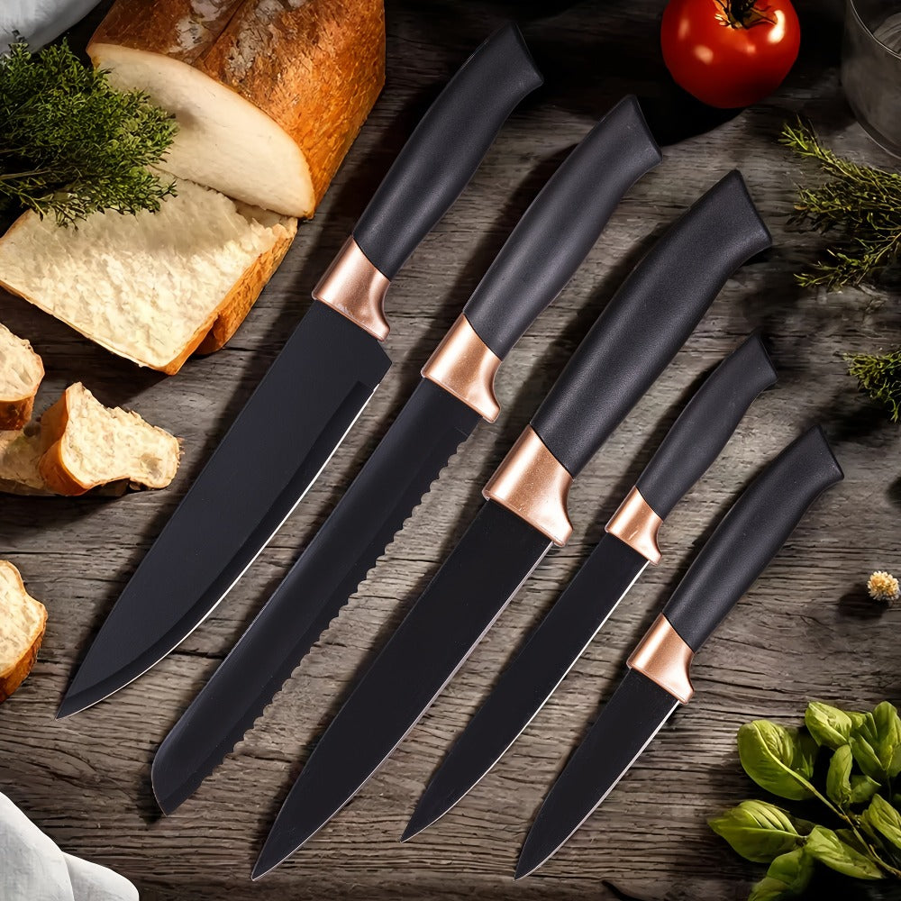 19-Piece Kitchen Knife & Utensil Set with Wooden Handles, Non-Stick Blades, Silicone Cooking Tools, Cutting Board, Scissors & Holder