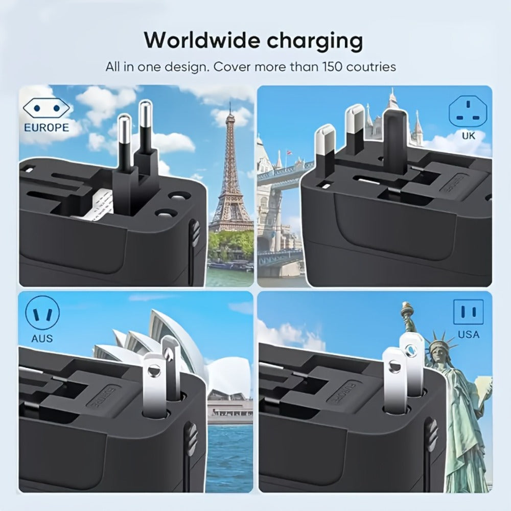 Universal Travel Adapter with Surge Protection - 2 USB & Type-C Ports, All-in-One International Plug for 350+ Countries, 100-240V Input, Fast Charging, Compact Lightweight Design, White & Black