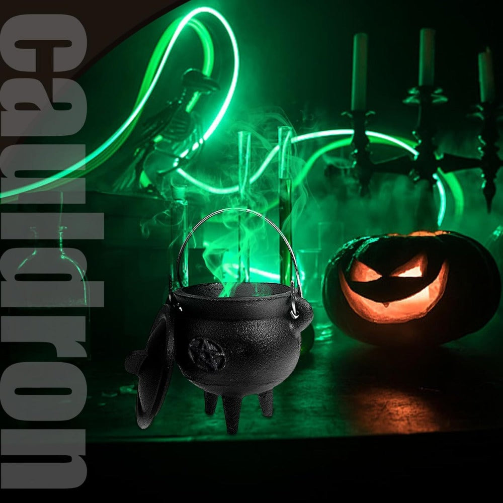 Cast Iron Cauldron with Lid & Handle ¨C Witchcraft Incense Burner, Spell Ritual Pot, Halloween Decor, Pentagram & Triple Moon Styles, Pagan Altar Cauldron
