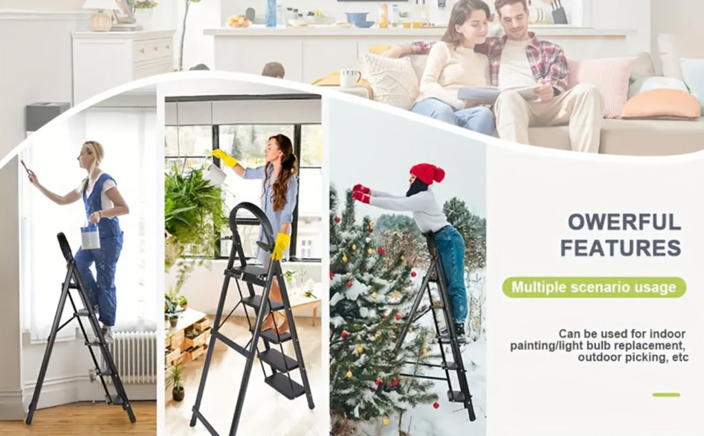 Folding Step Ladder 3 / 4 / 5 Step with Anti-Slip Pedal & Tool Tray ¨C 450 LBS Capacity Portable Steel Step Stool for Adults, Home, Kitchen, Library & Office Use ¨C Red & Black Options