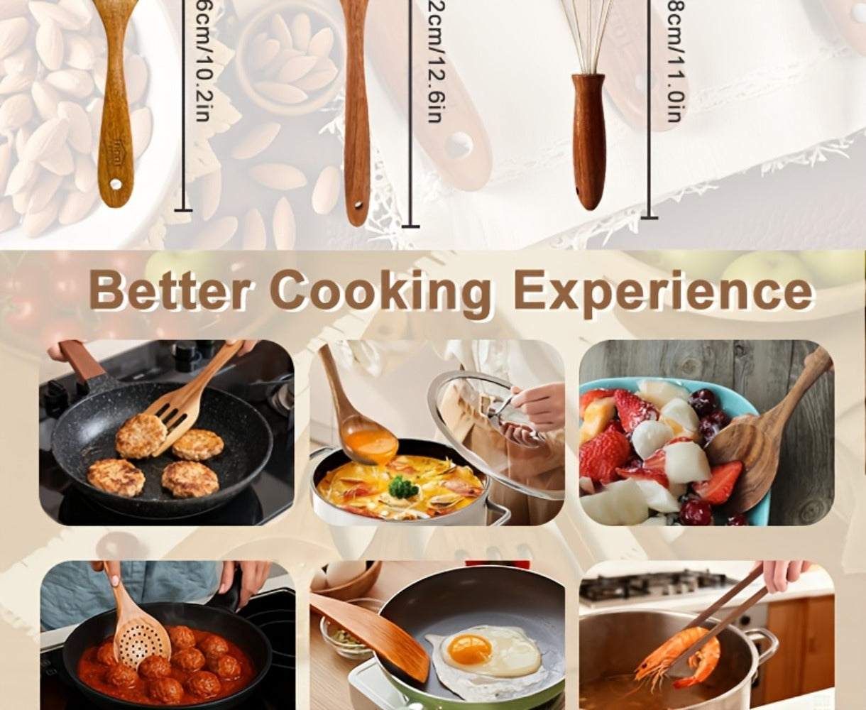 Wooden Kitchen Utensils Set 3/5/7Pcs ¨C Natural Wood Spoons, Spurtle, Ladle & Wok Spatulas for Non-Stick Pans | Heat Resistant, Ergonomic Handle, Easy to Clean