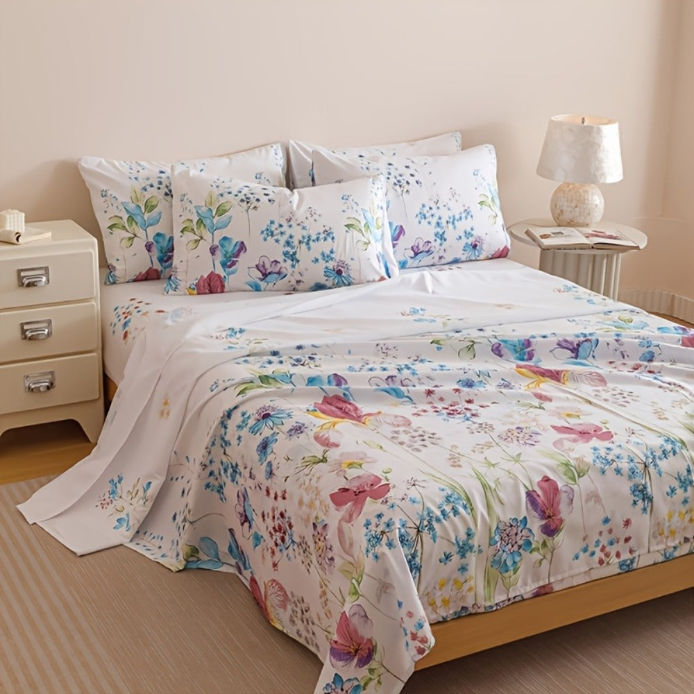 Floral Bedding Set 4-Piece ¨C 1 Fitted Sheet + 1 Flat Sheet + 2 Pillowcases | Soft Breathable Polyester | All-Season Flower Print Bed Sheet Set | Machine Washable | Twin Full Queen King