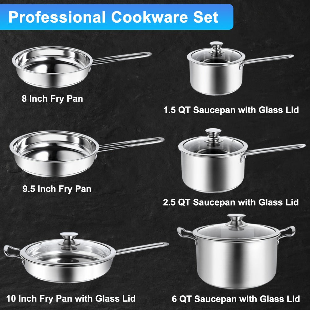 Stainless Steel Cookware Set 10 Piece ¨C Pots and Pans Set with Lids, Induction Compatible, Dishwasher Safe Kitchen Cooking Set for All Stovetops