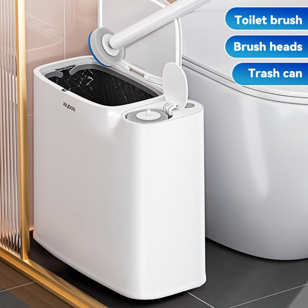 Disposable Toilet Brush with Trash Can 3-in-1 Set Replaceable Brush Heads Space-Saving Bathroom Cleaner with Lid Odor-Proof Waste Bin for Bathroom RV Small Toilet