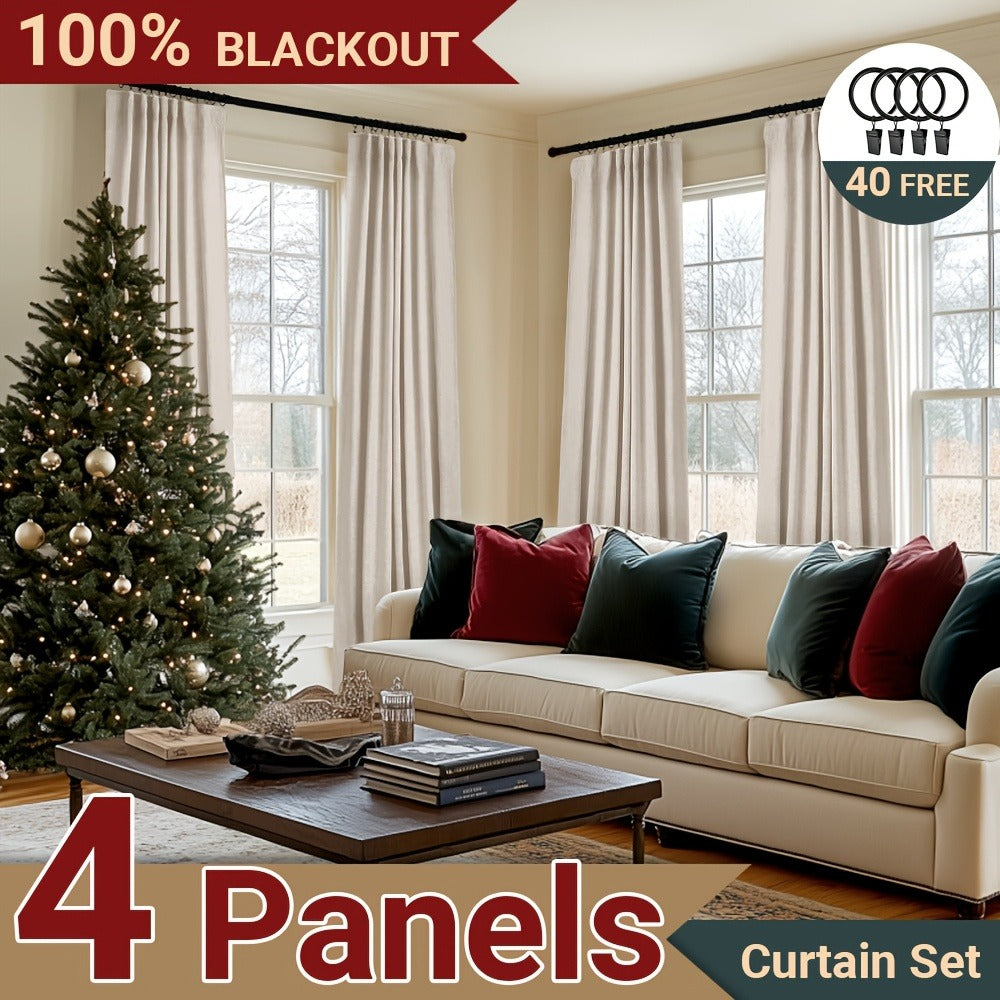 100% Blackout Curtains 4 Panels Faux Linen Textured Thermal Insulated Drapes - Room Darkening Window Curtains for Living Room Bedroom, Clip Rings & Rod Pocket, Energy Efficient Home Decor 50W x 84-120L