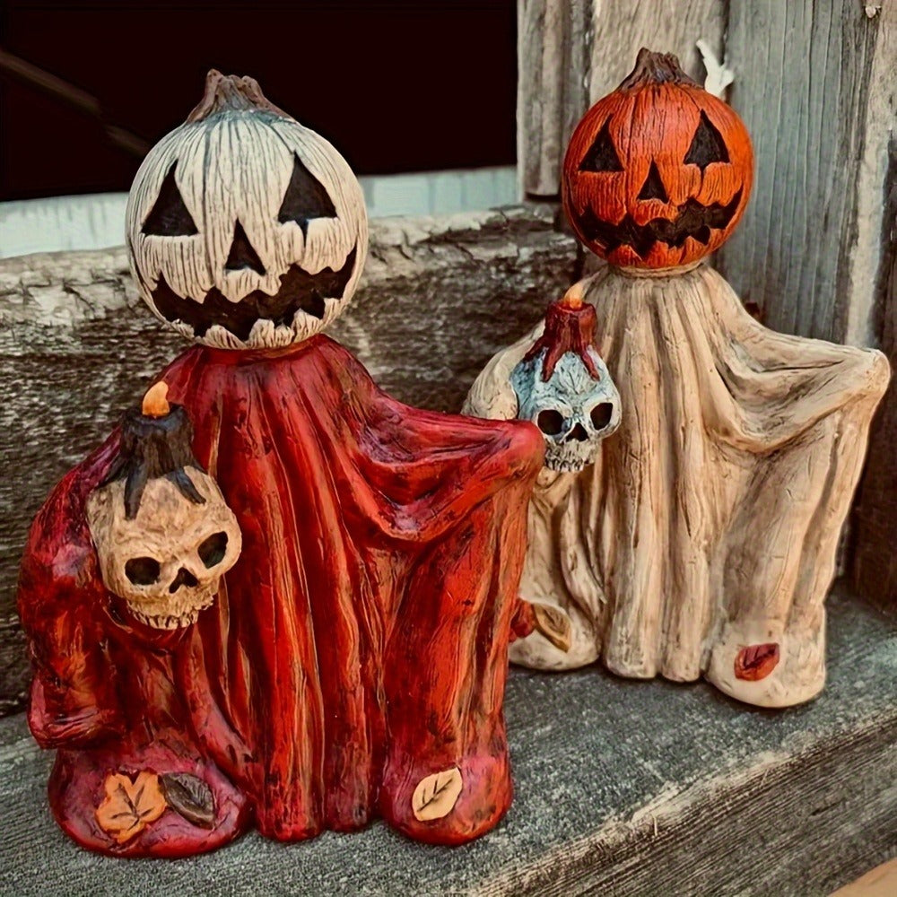 Halloween Pumpkin Wizard Resin Figurine 2-Pack ¨C Spooky Desktop Ornament & Bookshelf Decor, Skeleton Gnome Tabletop Statue for Halloween Home Decor & Seasonal Display