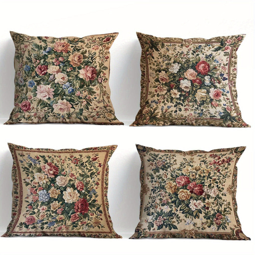Vintage Floral Pillow Covers Set of 4 Soft Cozy Cushion Cases with Zipper 18x18in Single-Sided Print for Living Room Bedroom Porch Patio Car Office Home Decor Gift