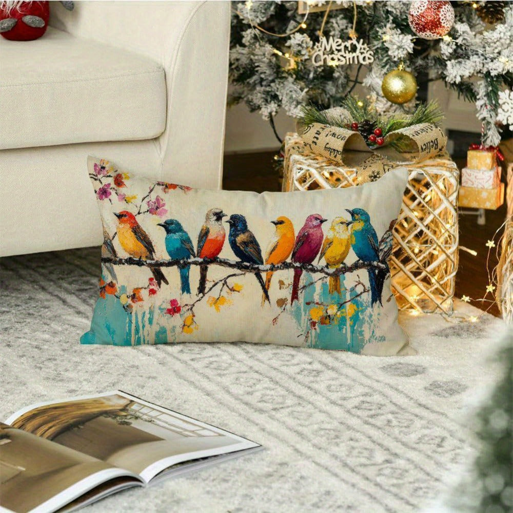 Lumbar Pillow Covers 12x20 Inch Watercolor Bird Pattern - Decorative Linen Throw Pillow Cases Cute Nature Print Zipper Closure | 1pc or 2pcs | Bedroom Living Room Sofa Couch Cushion Cover Home Decor