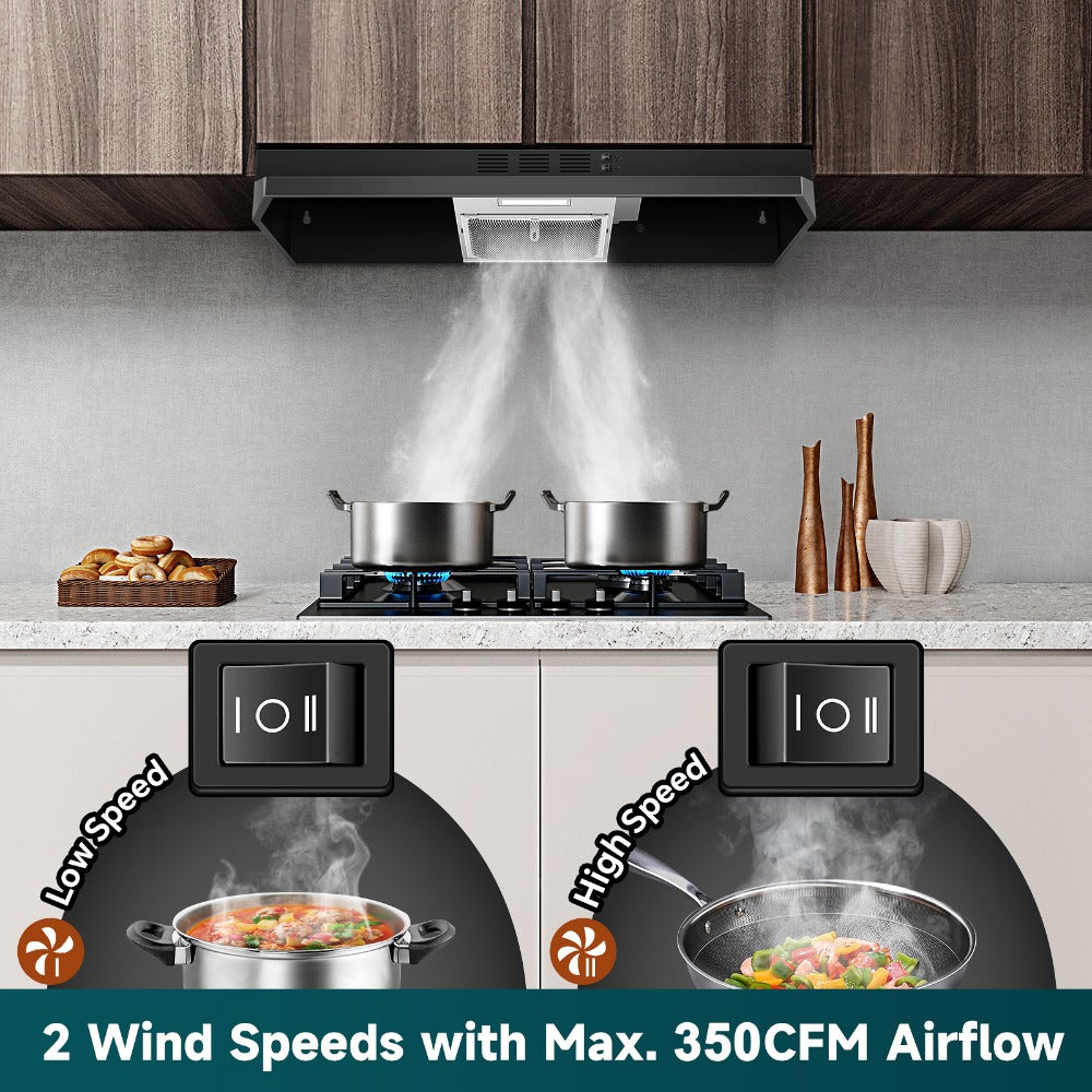 Range Hood 36 Inch Under Cabinet Ducted Ductless Convertible Stainless Steel 350CFM 2-Speed Exhaust Fan LED Light 3-Layer Aluminum Mesh Filter Top Rear Venting Kitchen Vent Hood