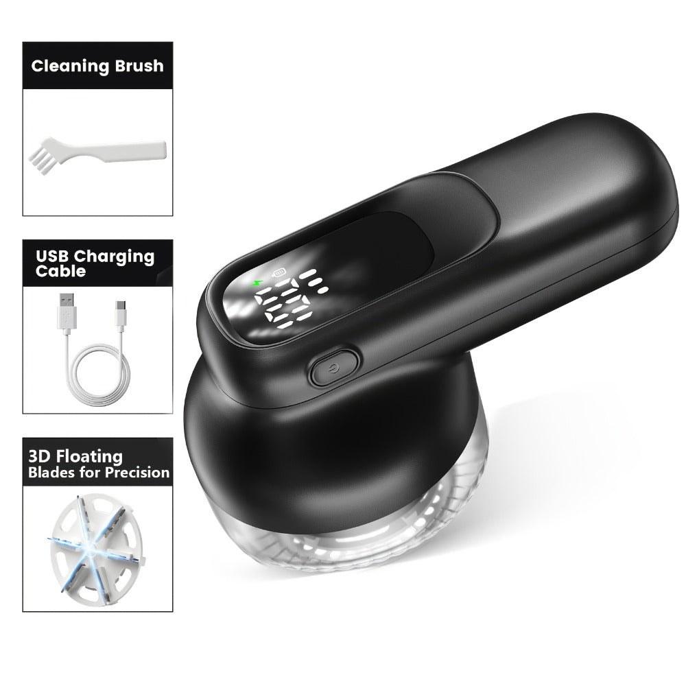 Fabric Shaver Lint Remover Rechargeable Electric Sweater Shaver with Digital Display 6-Leaf Blades 3-Speed Defuzzer Safety Lock Removes Fuzz Pills from Clothes Furniture Sofa Blanket Black