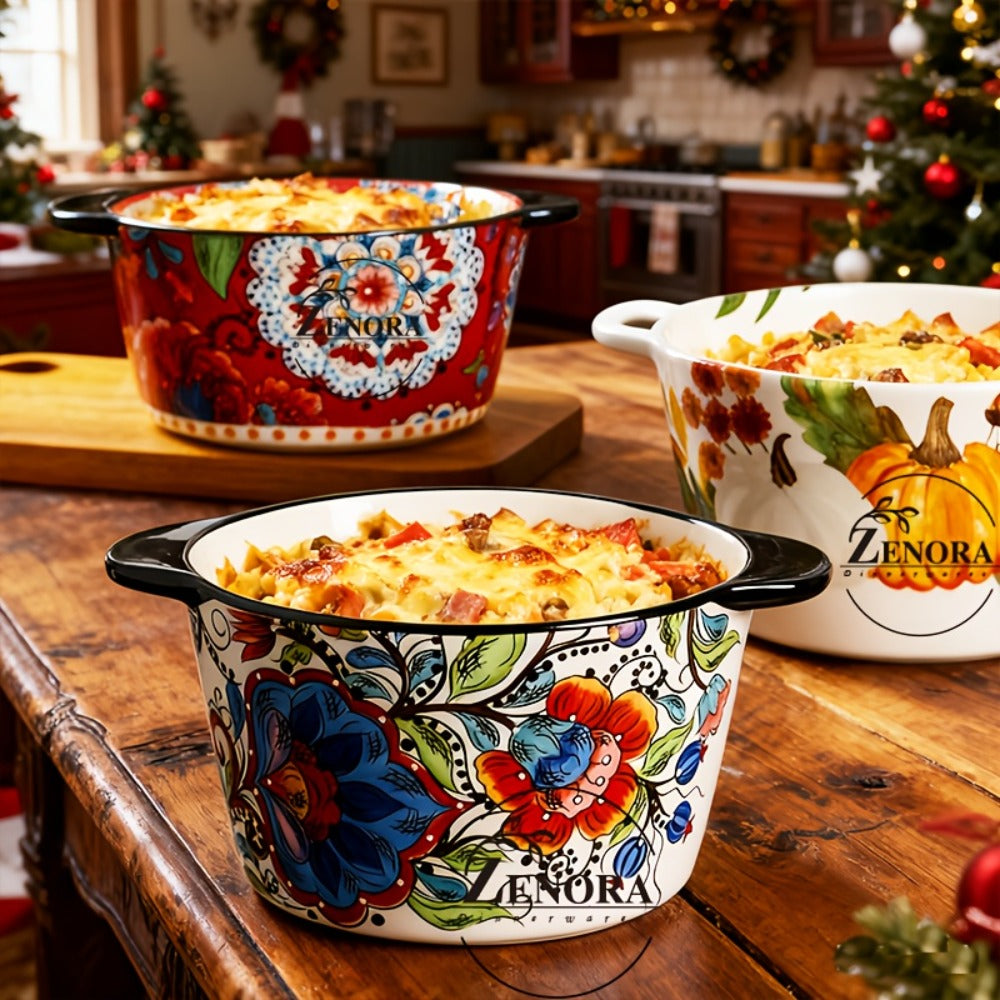 Giant Ceramic Extra-Deep Serving Bowl With Handles, 101oz, Bohemian Hand-Painted, Chip-Resistant, Microwave Dishwasher Oven Safe, Soup Salad Ice Cream Bowl, Family Kitchen Serving Set, Wedding Gift (2pcs)