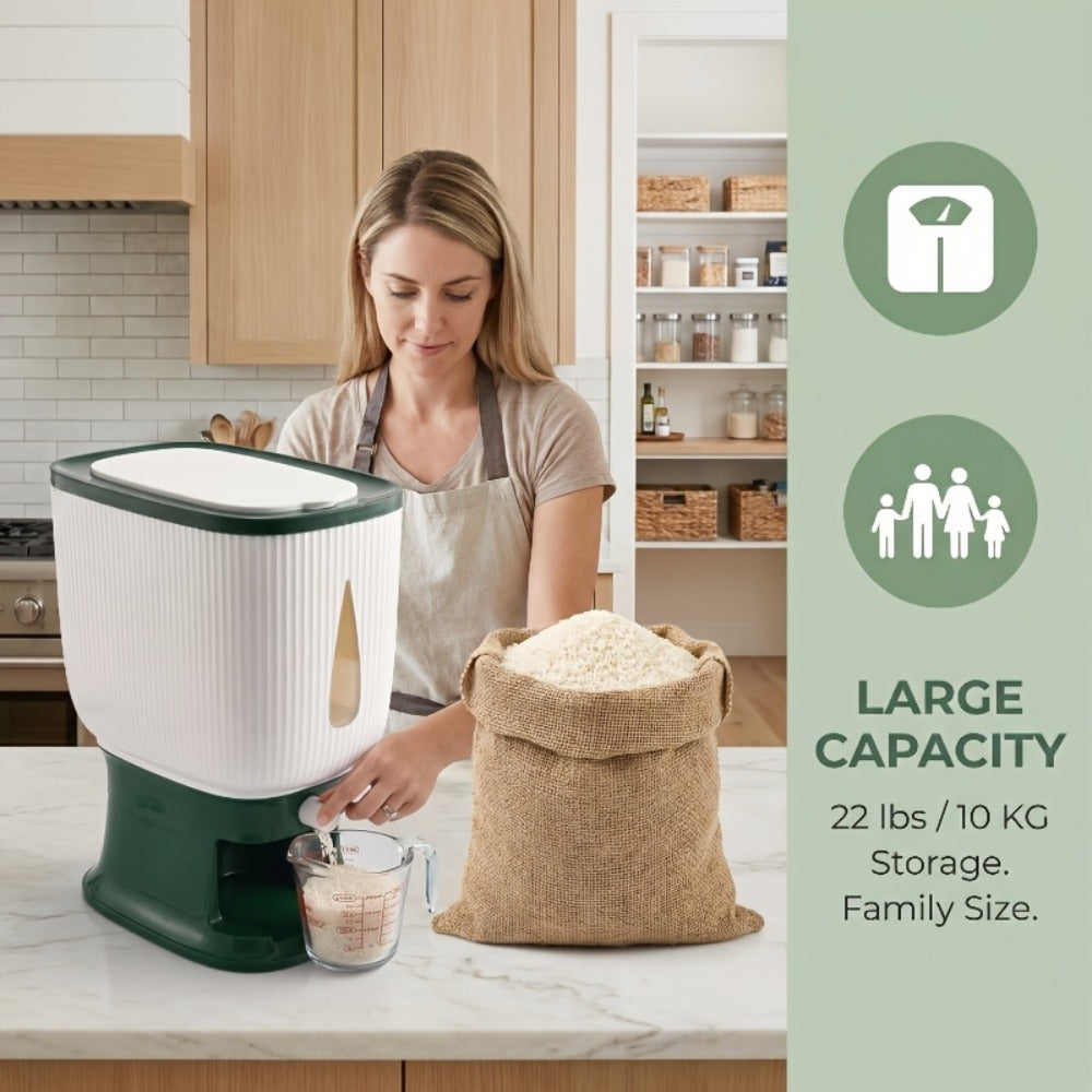 Rice Dispenser with Measuring Cup, 22LB Large Capacity 6-Chamber Sealed Grain Storage Container, Transparent Window, Moisture & Insect Resistant, One-Click Design for Rice Beans Flour Pet Food ¨C Kitchen Cabinet Organizer