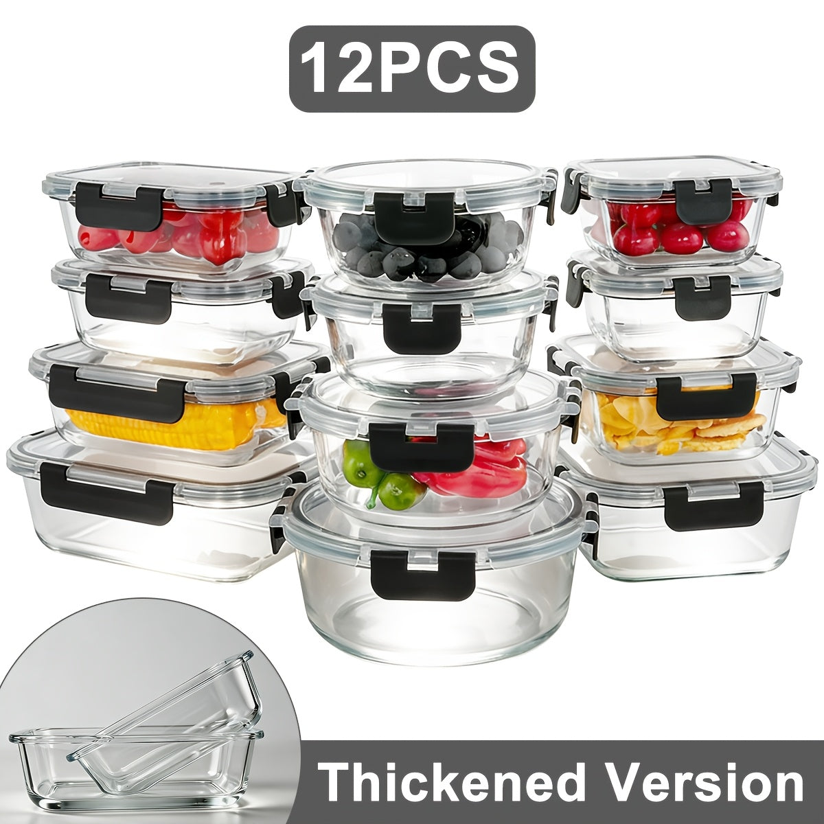 Glass Food Storage Containers with Lids Set of 12, Airtight Leak-Proof Meal Prep Containers, Microwave Oven Freezer Dishwasher Safe Bento Boxes for Pantry Kitchen Organization