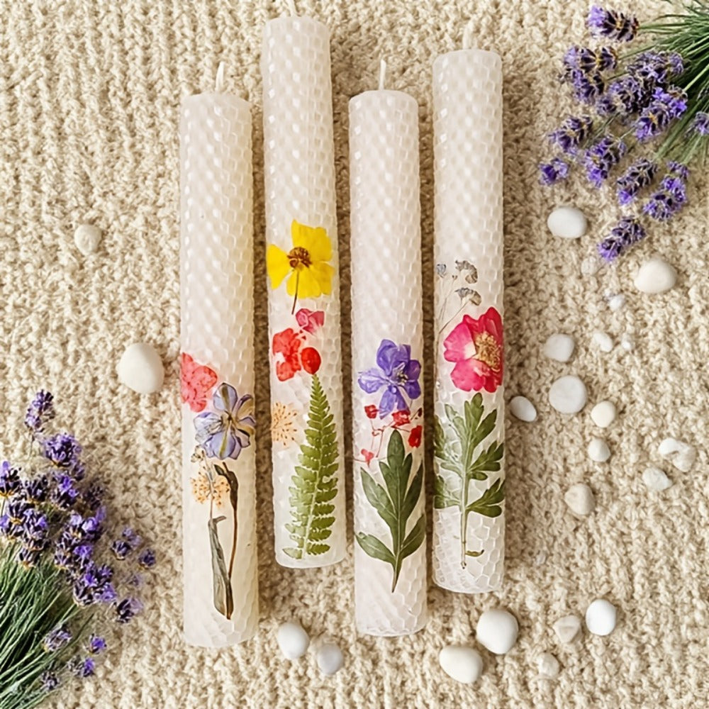 Floral Cone Candle Holders Set of 4 ¨C 10-Inch Decorative Beeswax Taper Candles for Holiday Parties, Valentine's Day & Mother's Day Gifting