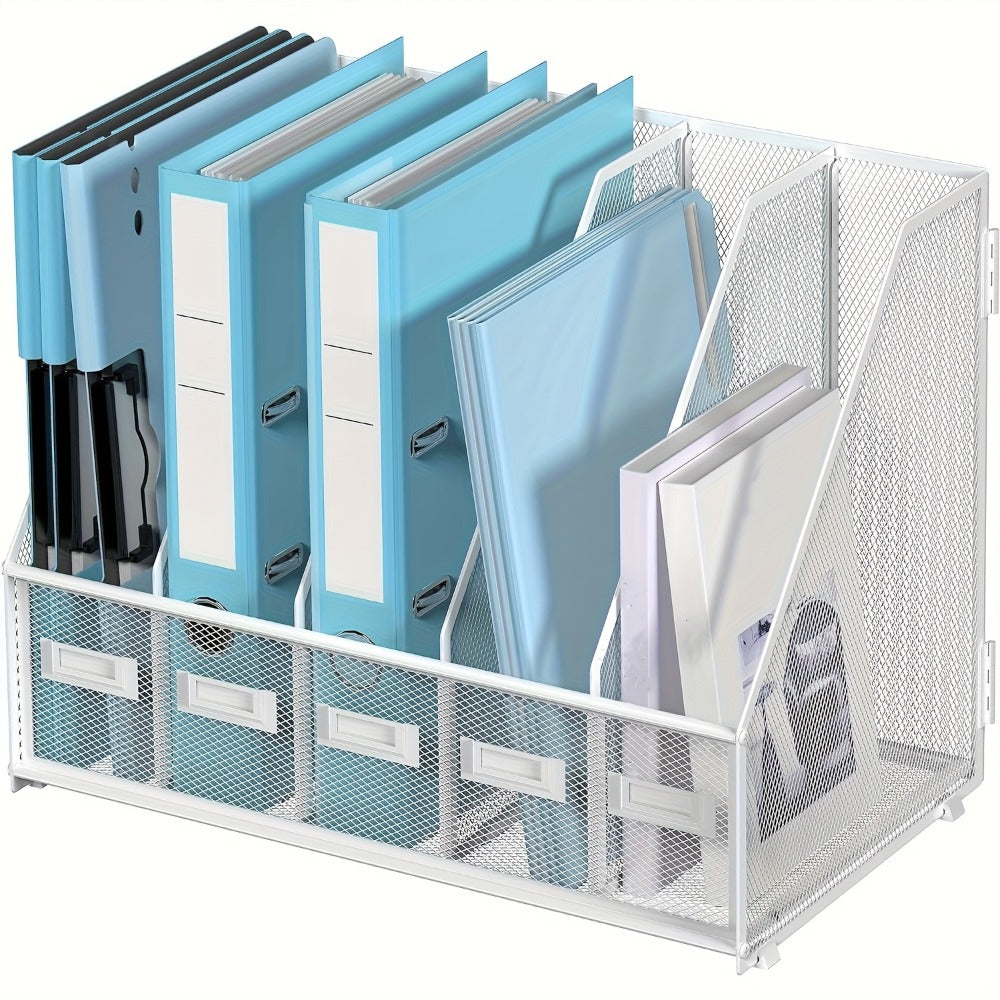 Metal Desk File Organizer 5 Vertical Compartments Magazine Holder Desktop File Rack for Office Home Workspace Document Sorter Letter Tray Paper Storage