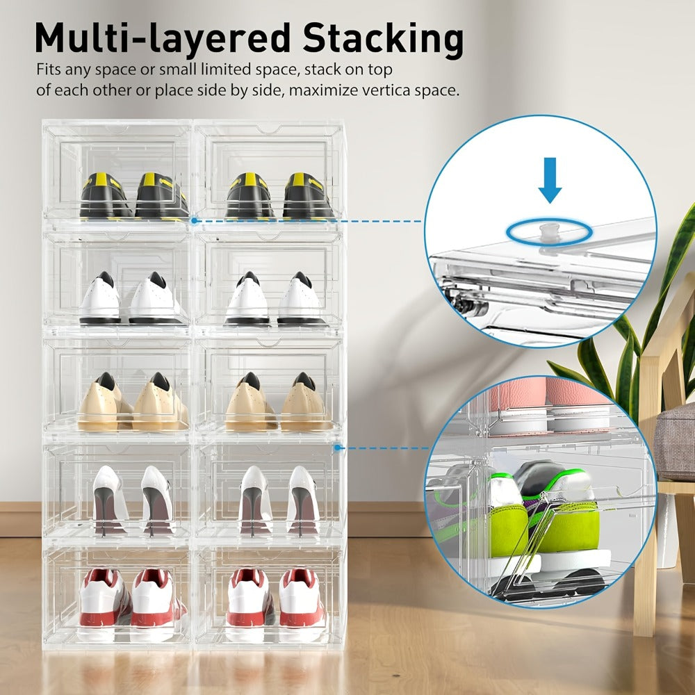 Clear Stackable Shoe Storage Boxes 6/12 Pack XX Large Hard Plastic Organizer for Size 12 Sneakers Closet White