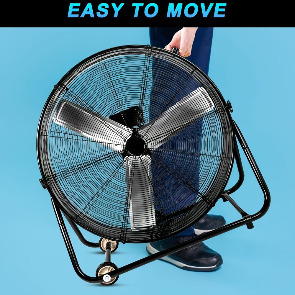 Industrial Floor Fan 24 Inch 9000 CFM Heavy Duty Drum Fan 3-Speed 360 Degree Tilt with Casters and Handle for Warehouse Garage Patio Workshop Gym Large Area Cooling