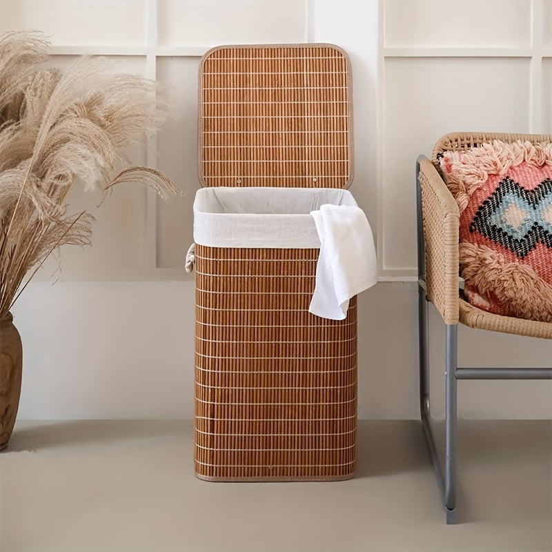 Collapsible Laundry Basket Bamboo Foldable Rattan Clothes Hamper - Space Saving Rectangular Storage Bin for Bedroom, Dorm Room & Bathroom, No Tools Assembly, Upgrade & Standard Models Available