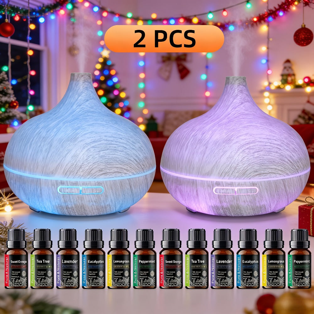 Aroma Diffuser Set 2 Diffusers 6 Essential Oils 550ml Wood Grain Cool Mist Humidifier Soundwave Technology 7-Color Light Timer for Large Room Bedroom Home Office