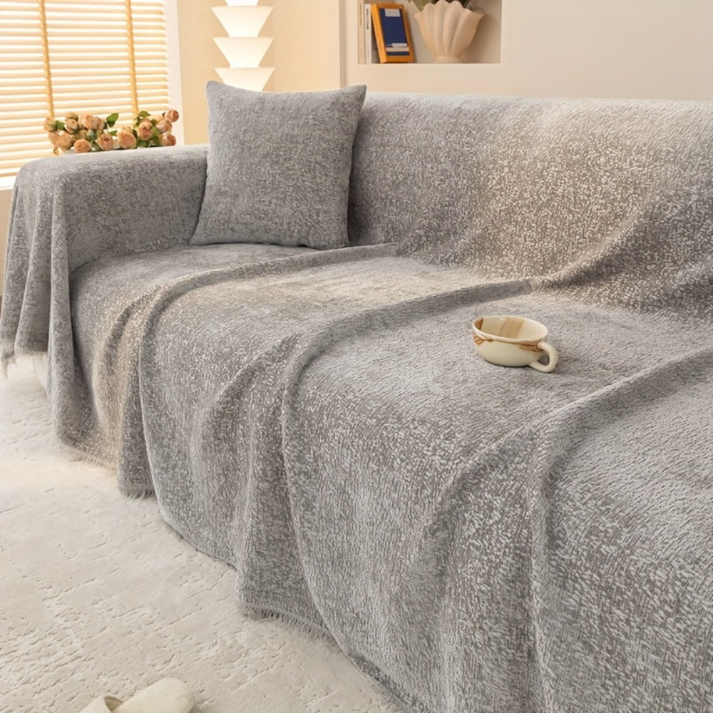 Chenille Sofa Cover with Fringe 300GSM - Super Soft Pet Friendly Solid Couch Slipcover for Single 2 4 Seater Living Room Decoration, 4 Colors