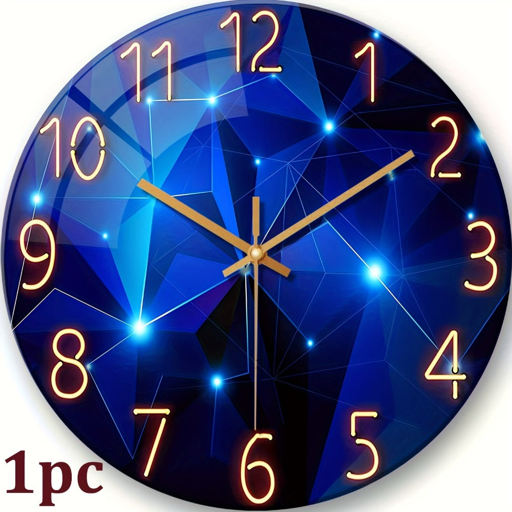 Modern Blue Glass Wall Clock Silent Non-Ticking Quartz Movement Battery Operated Tempered Glass Large Wall Clock for Living Room Bedroom Office Home Decor Gift