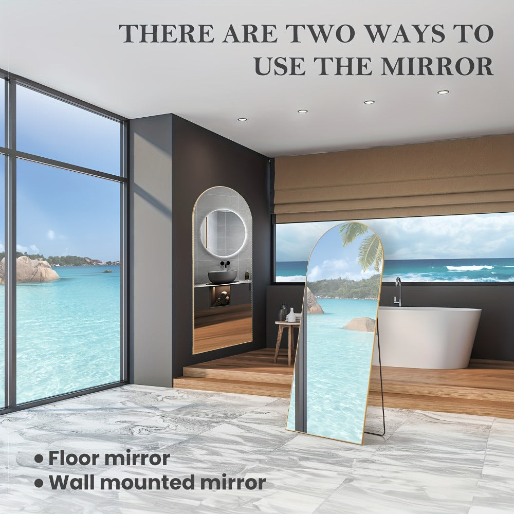 Full Length Mirror Floor Standing, Arched & Rect Body Mirror with Stand, Hanging or Leaning Wall Mirror, Aluminum Alloy Thin Frame for Bedroom Hotel Bathroom