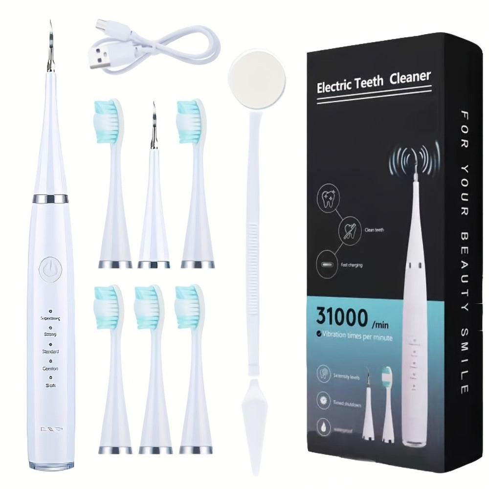 USB Electric Toothbrush Set - 5 Replaceable Brush Heads & 2 Cleaning Heads, USB Rechargeable Electric Toothbrush with Travel Case, Complete Oral Care Kit for Home & Travel, Black or White