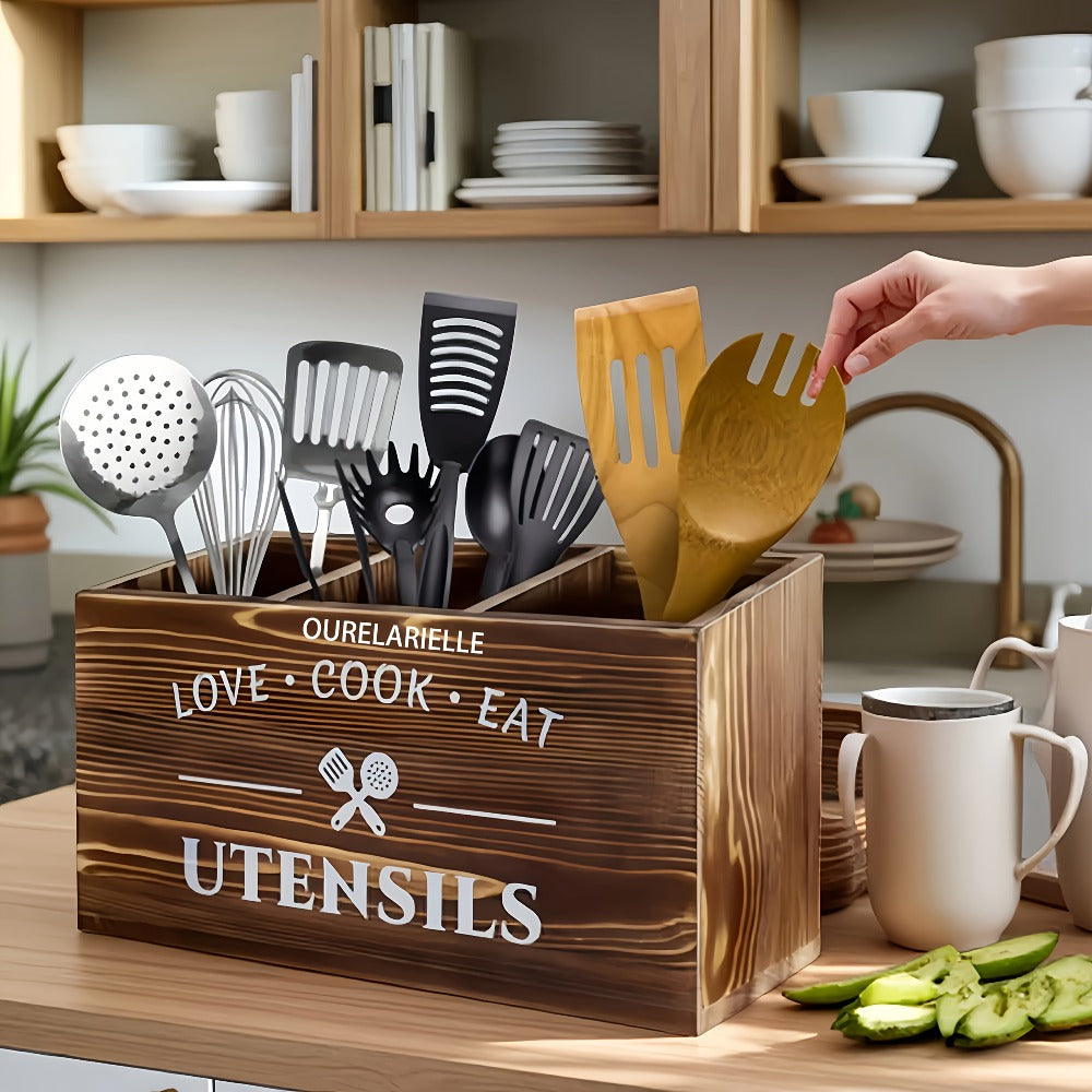 Wooden Cutlery Storage Box with Grid Compartments Chopstick Organizer Rack with Metal Accents for Kitchen Drawer Bedroom Desk Home Organization in Natural White Black