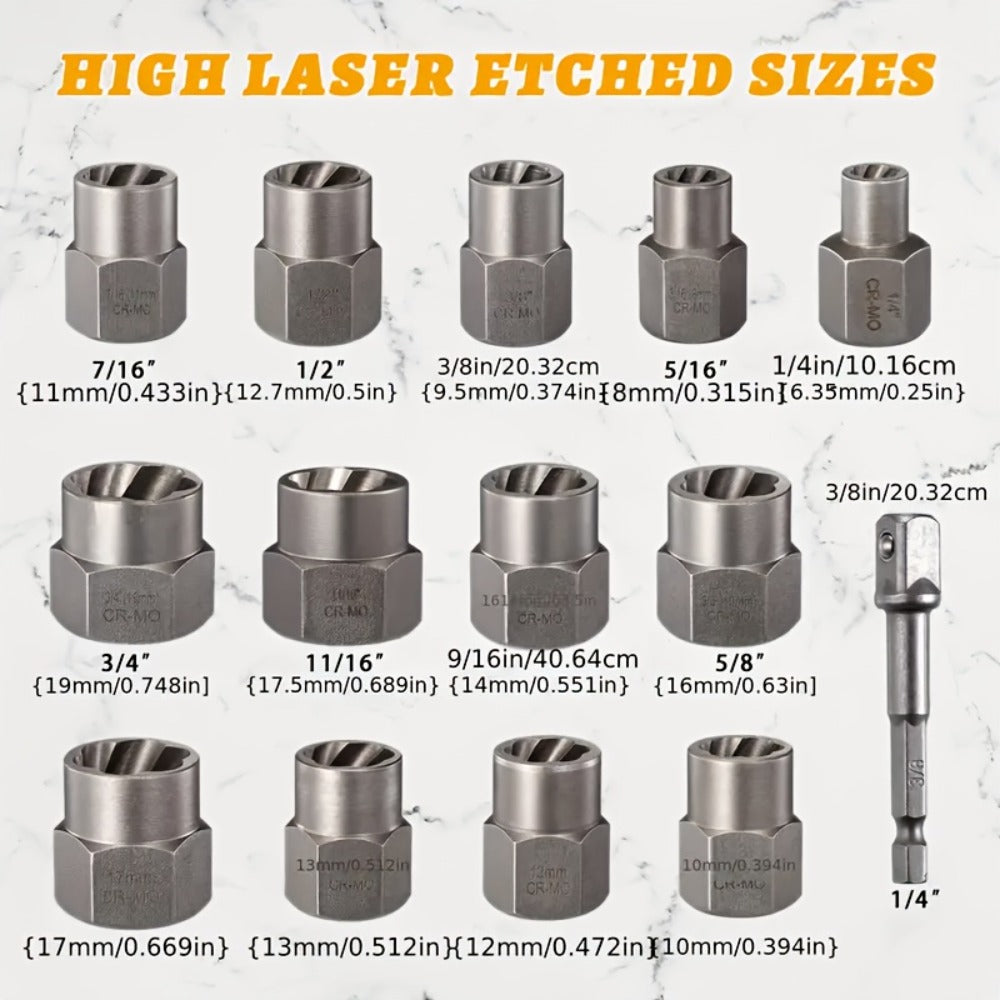 Nut Extractor Kit 14pcs, Damaged Bolt & Nut Remover Set with 13 Stripped Nut Extractors & 1 Hex Socket Adapter, 1/4¡± to 3/8¡± Drive Lug Nut Removal Tool for Construction, Auto & Home Repair