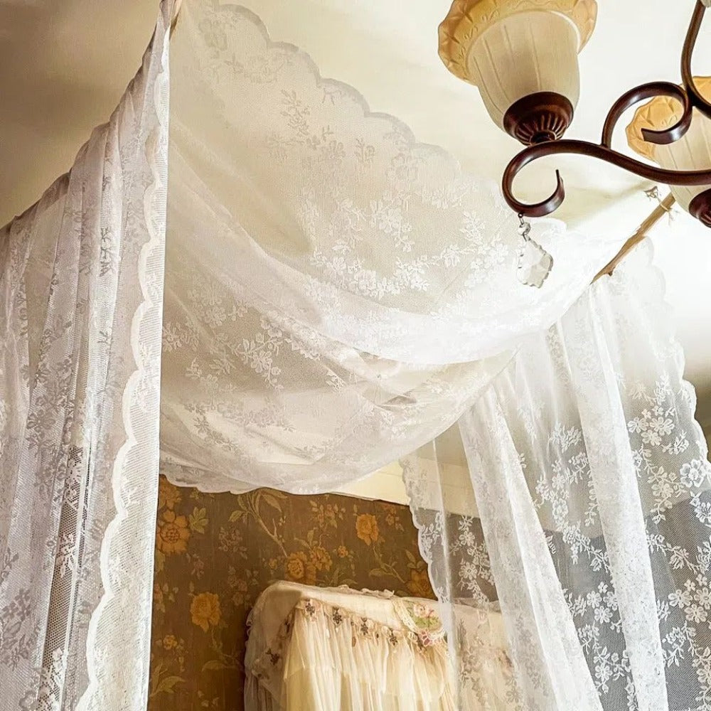 Lace Bed Canopy Mosquito Net ¨C Bohemian Romantic Sheer Bed Curtain for Bedroom, Hotel & Morocco Style Decor | Elegant White Princess Bed Drape for Twin, Full, Queen & King | 57x236 Inch