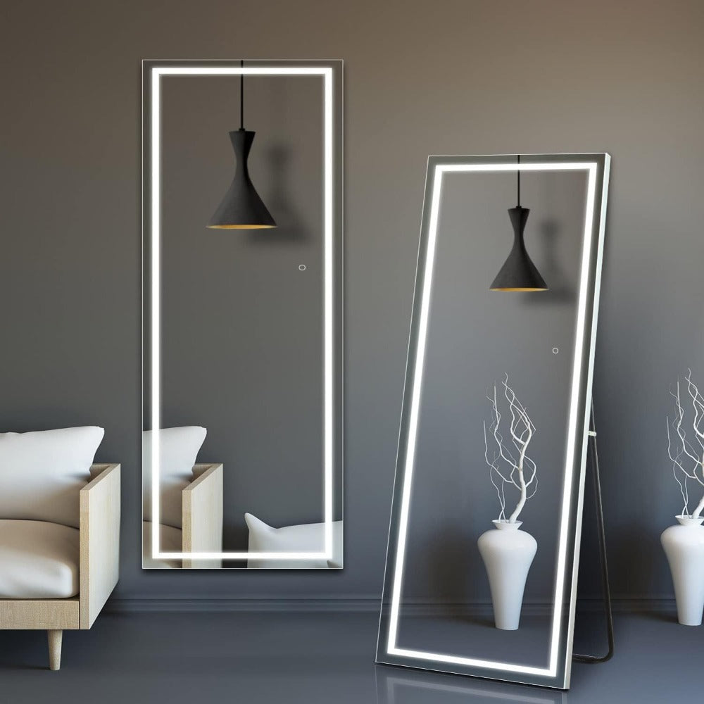 Full Length Mirror with LED Lights & Touch Sensor ¨C 64¡±x21¡± Dimmable Smart Floor Mirror, Wall Mount or Freestanding, Slim Modern Frame for Bedroom, Vanity & Dressing Room