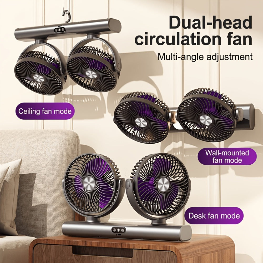 Double Head Air Circulation Fan USB Rechargeable | Desktop & Wall-Mounted 3-Speed Dual-Head Fan with Atmosphere Night Light, Multi-Angle Airflow for Camping, Home & Office ¨C Grey & White
