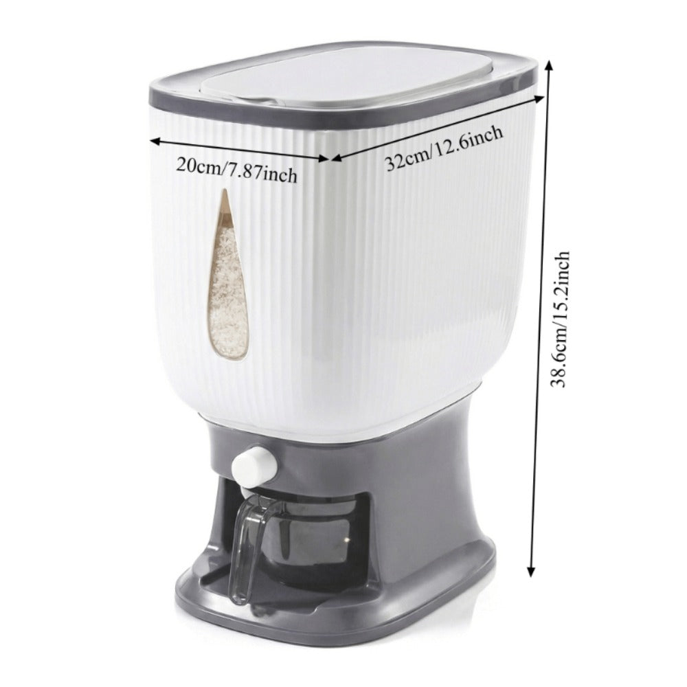 Rice Dispenser with Measuring Cup, 22LB Large Capacity 6-Chamber Sealed Grain Storage Container, Transparent Window, Moisture & Insect Resistant, One-Click Design for Rice Beans Flour Pet Food ¨C Kitchen Cabinet Organizer