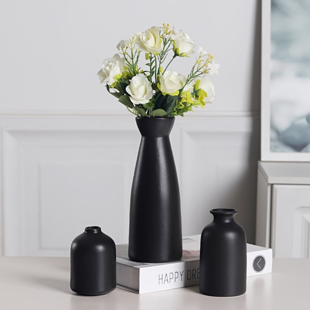 Boho Ceramic Vase Set 3pcs - Matte Nordic Minimalist Geometric Floral Design for Home Decor, Living Room, Entryway, Bookshelf & Bathroom Vanity, Modern Bohemian Decorative Vases, Holiday Gift