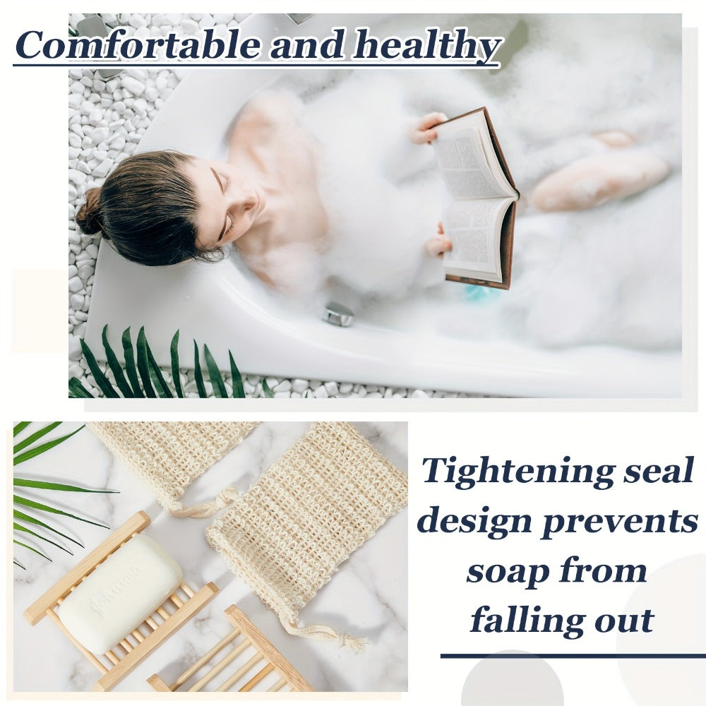 Soap Exfoliating Mesh Bag with Wooden Holder Set 60 Pcs | Natural Sisal Bath Scrubber Bags & Rectangle Wood Soap Dish for Shower, Bathroom Sink, Body Scrub & Skin Cleansing Accessories