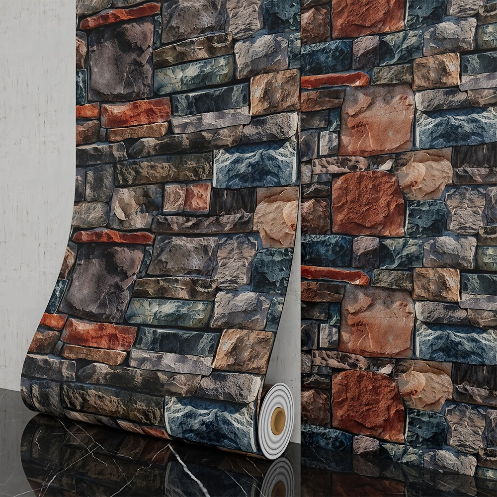 3D Brick Foam Wallpaper Self Adhesive Peel and Stick Wall Panels Waterproof PVC Rustic Brick Pattern Home Bathroom Kitchen Wall Decor Blue Brown Red 17.5in Wide