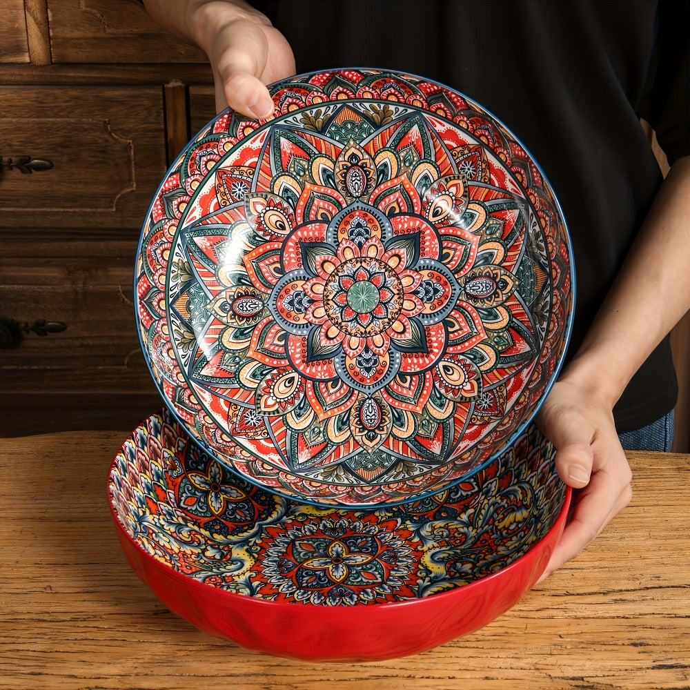 Ceramic Soup Bowl Set 2pcs Bohemian Floral Hand-Painted 25.8cm Microwave Safe Vintage Tableware for Cooking Dining Gift