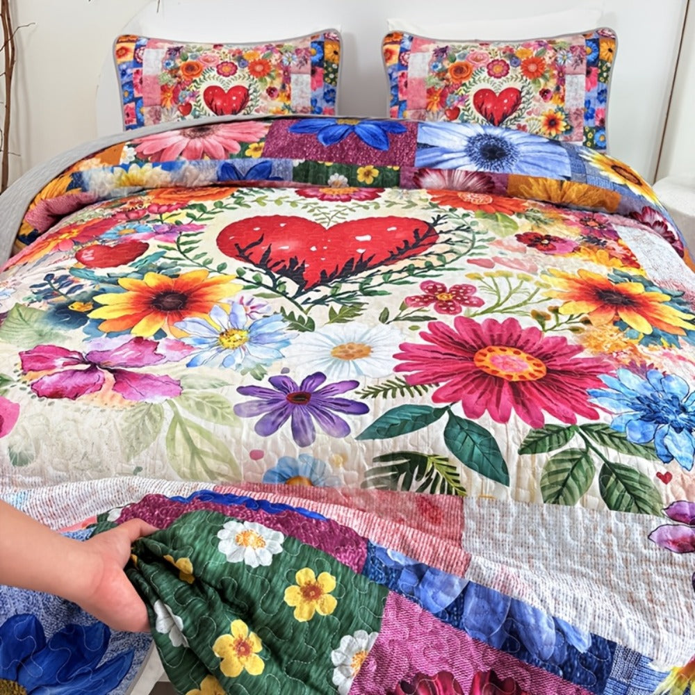 Comforter Set 2 3 Piece Colorful Floral Print Quilt with Pillowcases, Soft Breathable Hypoallergenic Machine Washable Quilted Bed Cover for Twin Full Queen King, Boho Flower Bedding Room Decor