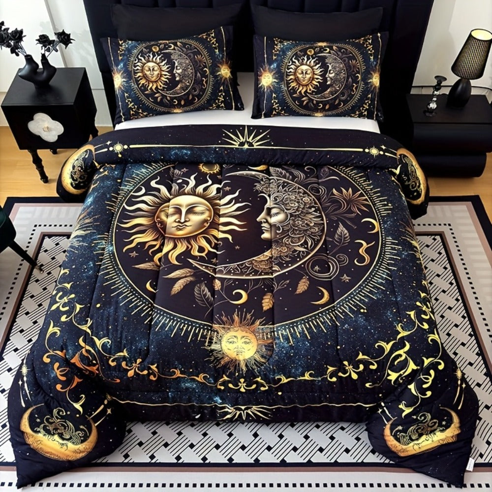 Sun Moon Planet Comforter Set 3pcs Digital Print Quilted Bedding 1 Comforter 2 Pillowcases 180GSM Soft Breathable Black Celestial Bedroom Decor Twin Full Queen King Size Dormitory
