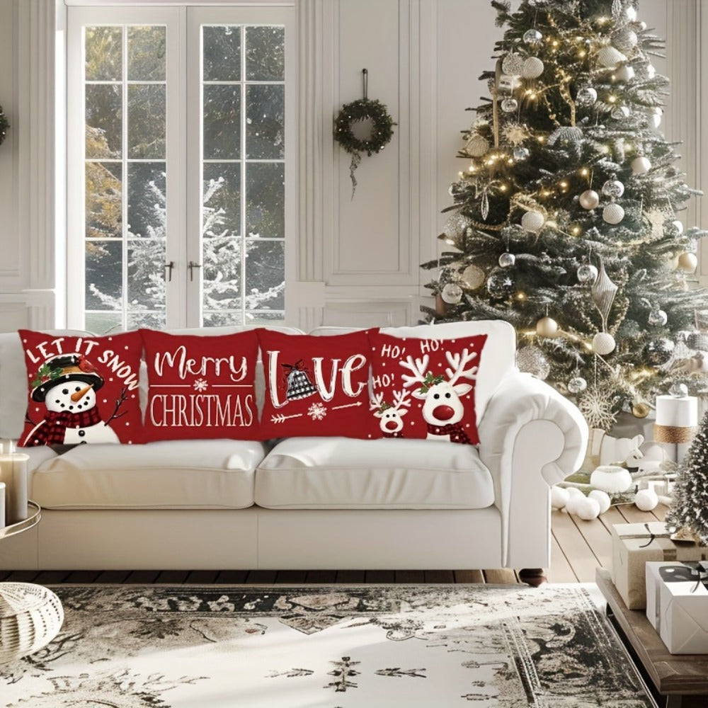 Christmas Throw Pillow Covers 4pcs Set 18x18 | Reindeer Snowman Buffalo Plaid Cushion Covers, Winter Holiday Farmhouse Home Decor, Sofa Couch Porch Patio, No Insert