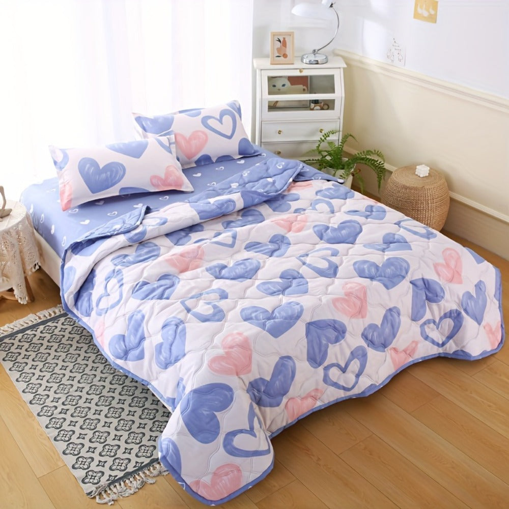 Summer Cooling Quilt Set 3-Piece, Skin-Friendly Thin Comforter with Embossed Print, Soft Breathable Four-Season Lightweight Quilt + 2 Pillowcases for Bedroom Hotel Sofa Single Double Full
