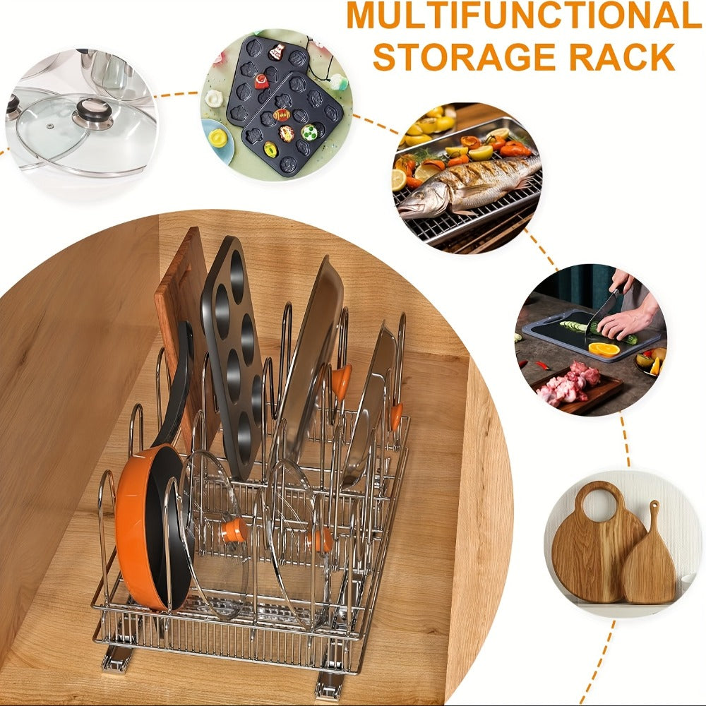 Cabinet Pot & Pan Organizer Rack with 10 Adjustable Dividers, 11¡±W x 17.5¡±D x 8.3¡±H, Chrome Steel Kitchen Storage