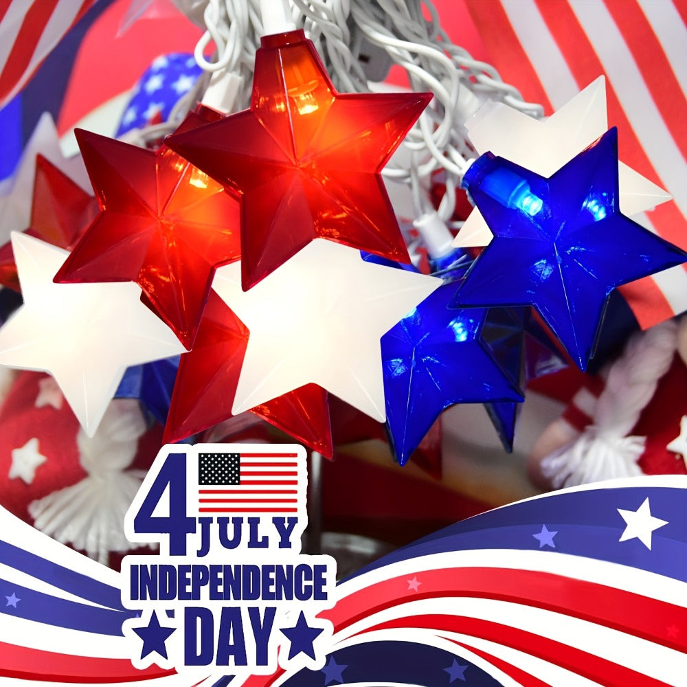 Patriotic Star String Lights July 4th Red White Blue LED Plug-In Indoor Outdoor Decor 8.5FT 12FT Memorial Day Independence Day Party Decoration