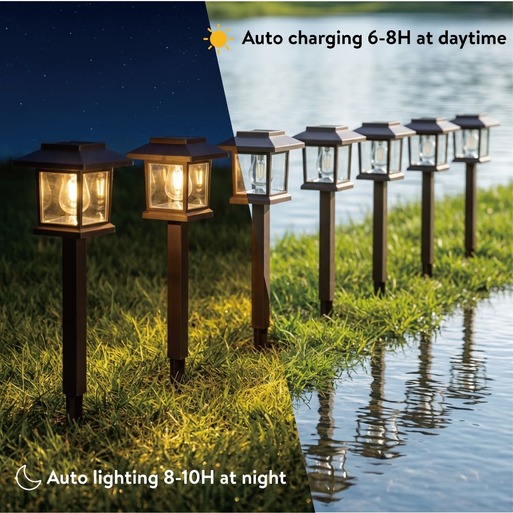 Solar Pathway Lights Outdoor Edison Style LED ¨C Up to 12 Hours Auto On/Off IP44 Waterproof | Warm White Solar Garden Lights for Yard, Driveway & Walkway | Black & Brown Upgraded Stake Lights