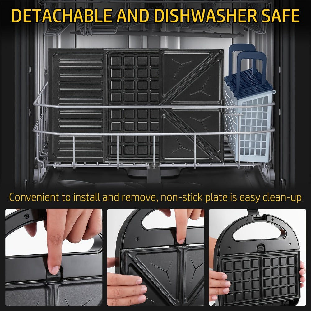 OSTBA 3-in-1 Sandwich Maker Panini Press Waffle Iron 750W Removable Non-Stick Plates for Breakfast Sandwiches Grilled Cheese Waffles Steak BBQ Black