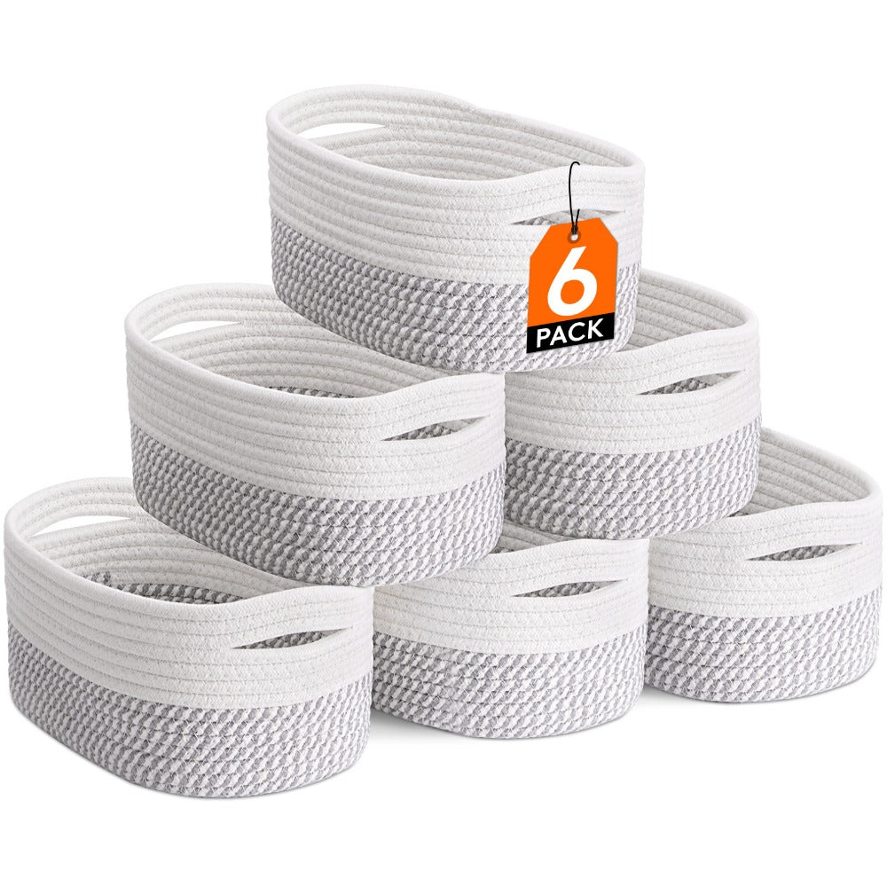 Woven Storage Baskets 6-Pack Cotton Rope Cube Bins 11x7x5¡± | Handmade Small Shelf Baskets for Organizing Closet Bedroom Living Room Playroom | Round Decorative Storage Caddy Multiple Colors