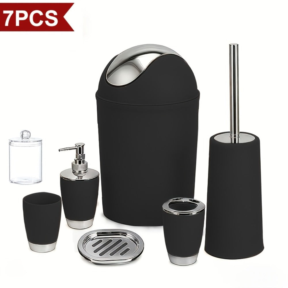 Bathroom Accessory Set 7 Piece - Luxury Modern Complete Bath Set with Trash Can Toilet Brush Lotion Dispenser Soap Dish Mouthwash Cup Toothbrush Holder | Space Saving Easy Clean Housewarming Gift 7 Colors