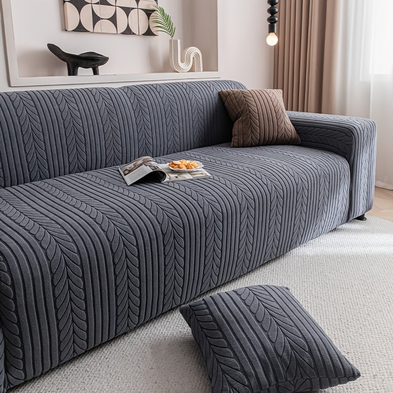 Couch Cover Full Coverage Elastic Velvet Jacquard Sofa Slipcover with Pillowcase - Non-Slip Thick Soft Pet Friendly Machine Washable Fits 1 2 3 4 Seater Living Room Bedroom
